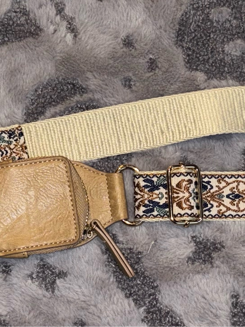 Neutral Beige & Patterned Webbing womens Crossbody Strap with Small Pouch